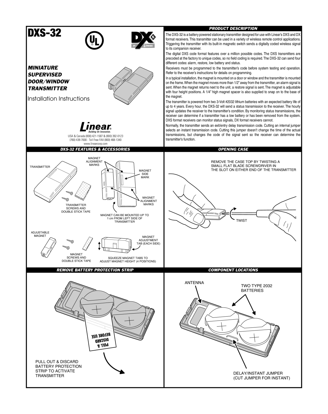 Linear DXS-32 installation instructions Miniature, Supervised, Door/Window, Transmitter 