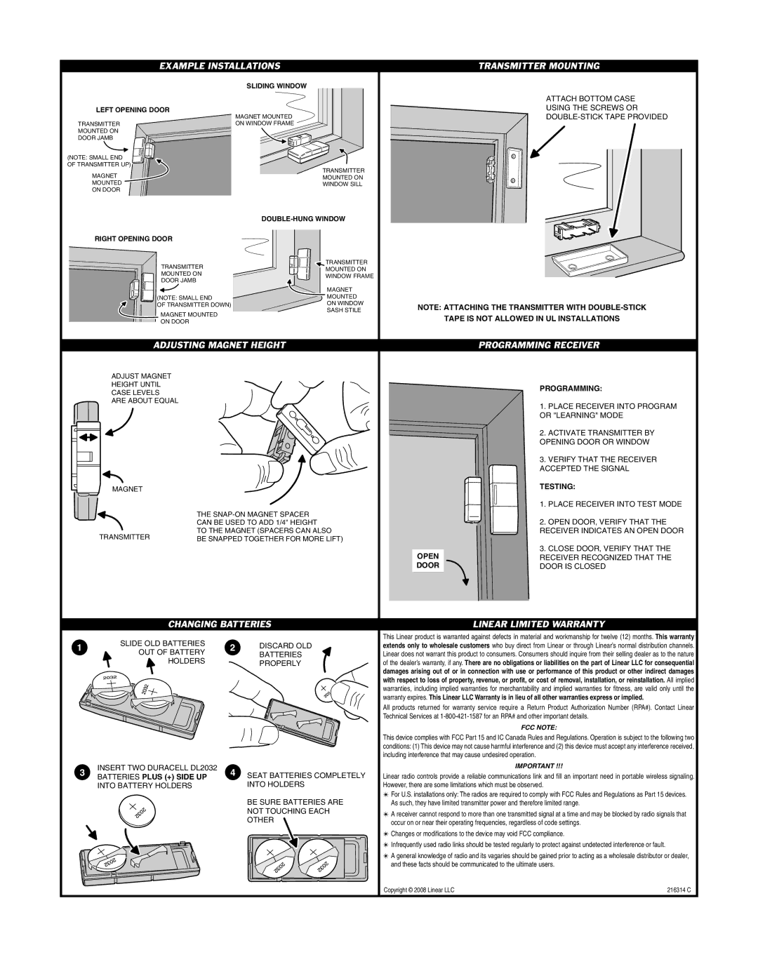 Linear DXS-32 Example Installations Transmitter Mounting, Adjusting Magnet Height Programming Receiver, Changing Batteries 