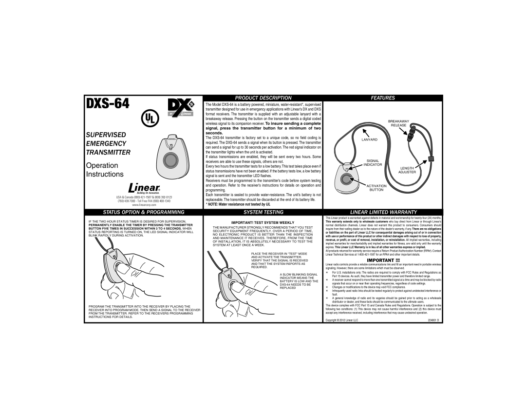 Linear DXS-64 warranty Release, Lanyard, Signal, Length, Indicator, Adjuster, Activation, Button 