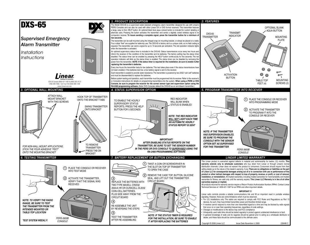 Linear DXS-65 installation instructions Supervised Emergency, Alarm Transmitter, Installation, Instructions, Features 