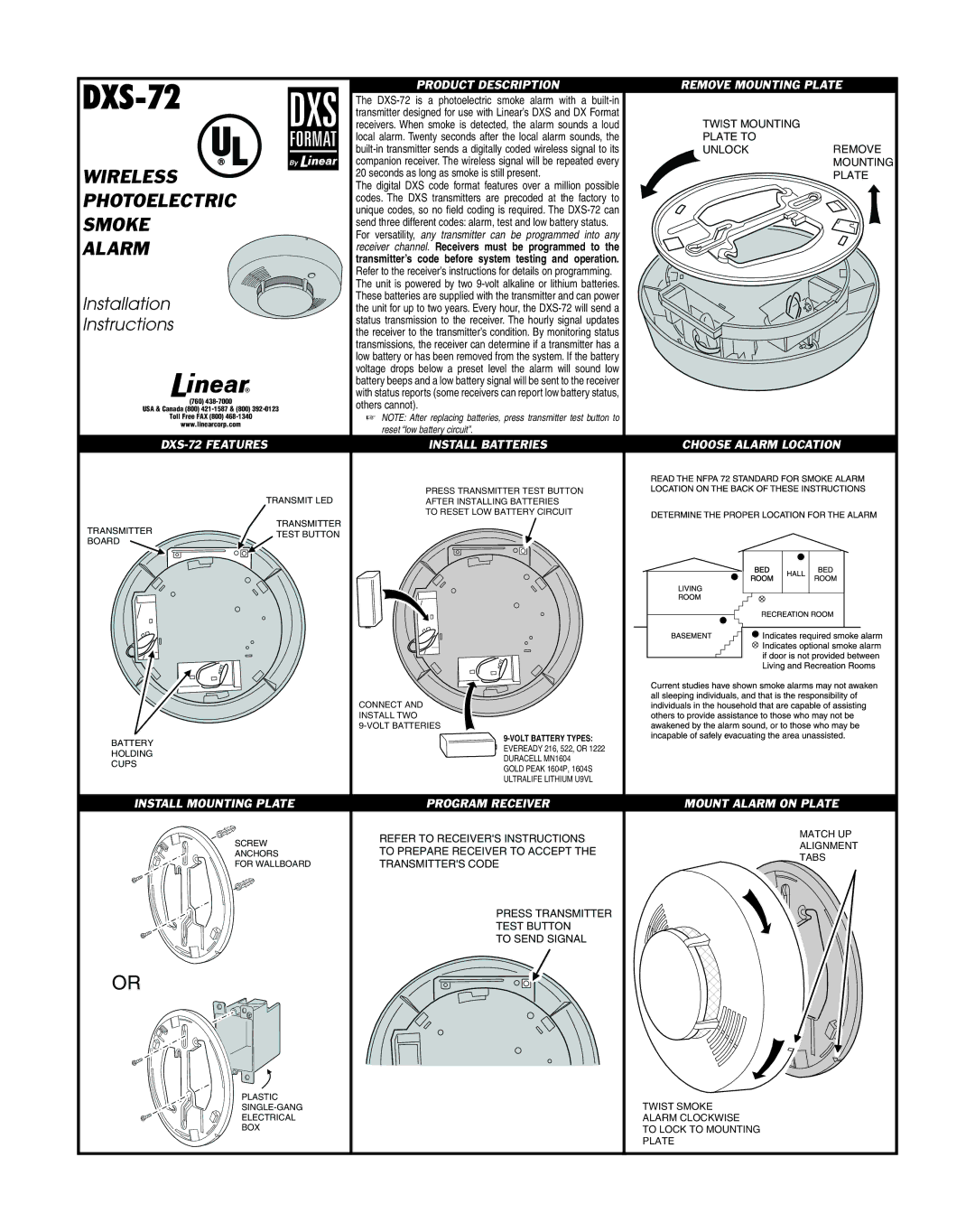 Linear DXS-72 installation instructions Product Description Remove Mounting Plate 