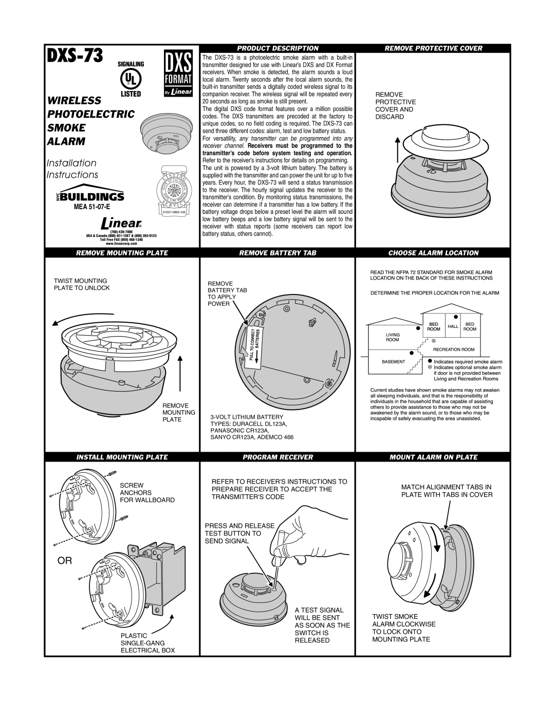 Linear DXS-73 installation instructions Product Description, Remove Protective Cover, Remove Mounting Plate 