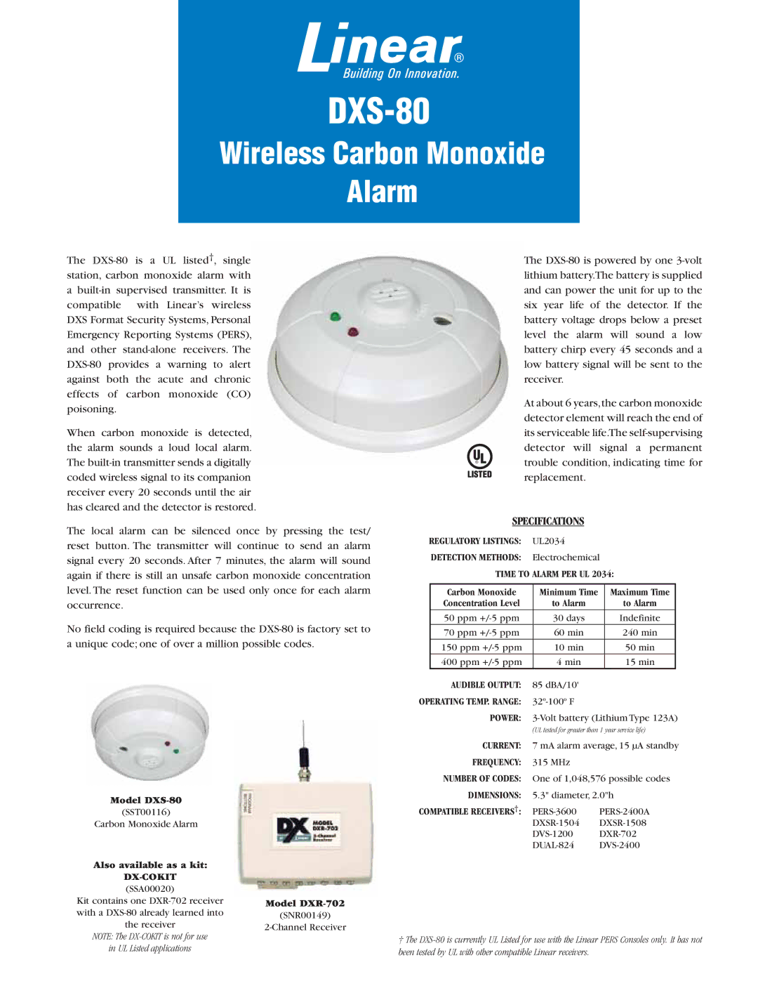 Linear DXS-80 specifications Time to Alarm PER UL, Power, Current, Frequency, Dimensions, Dx-Cokit 