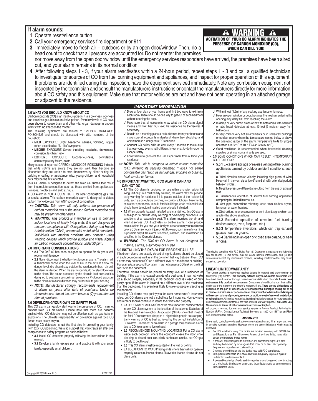 Linear DXS-80 What YOU should Know about CO, Important Considerations, Developing Your OWN CO Safety Plan 