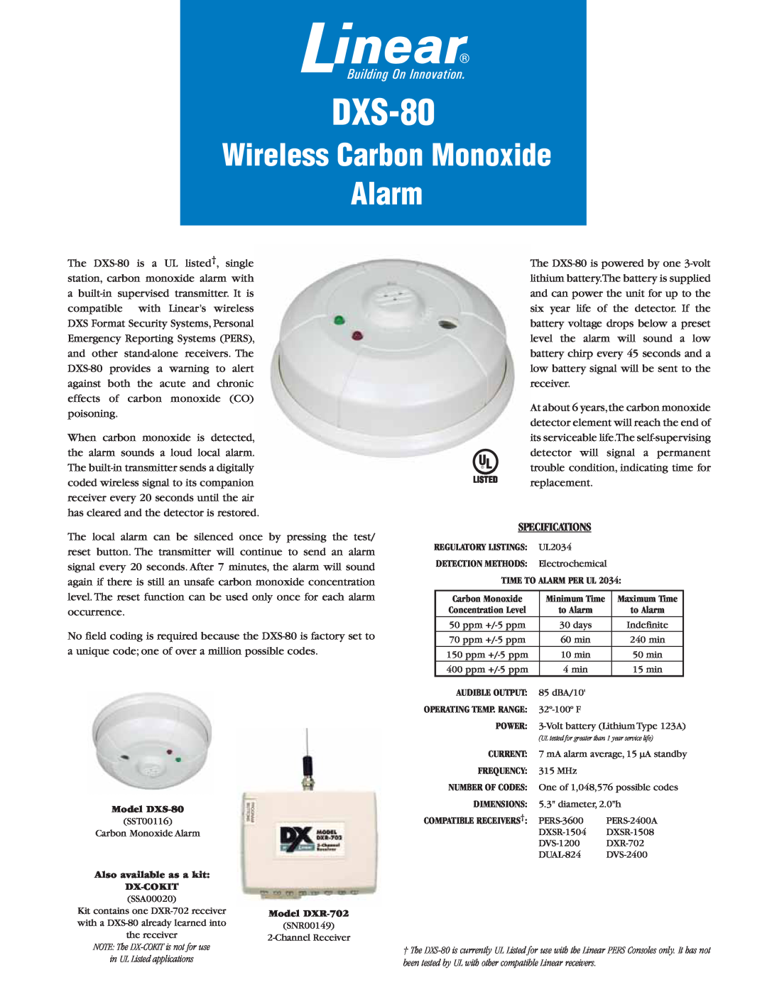 Linear DXS-80 specifications Wireless Carbon Monoxide Alarm, Specifications 