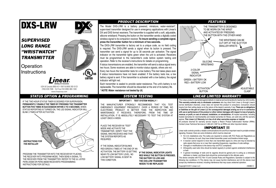 Linear DXS-LRW warranty Supervised, Long Range, Wristwatch, Transmitter 