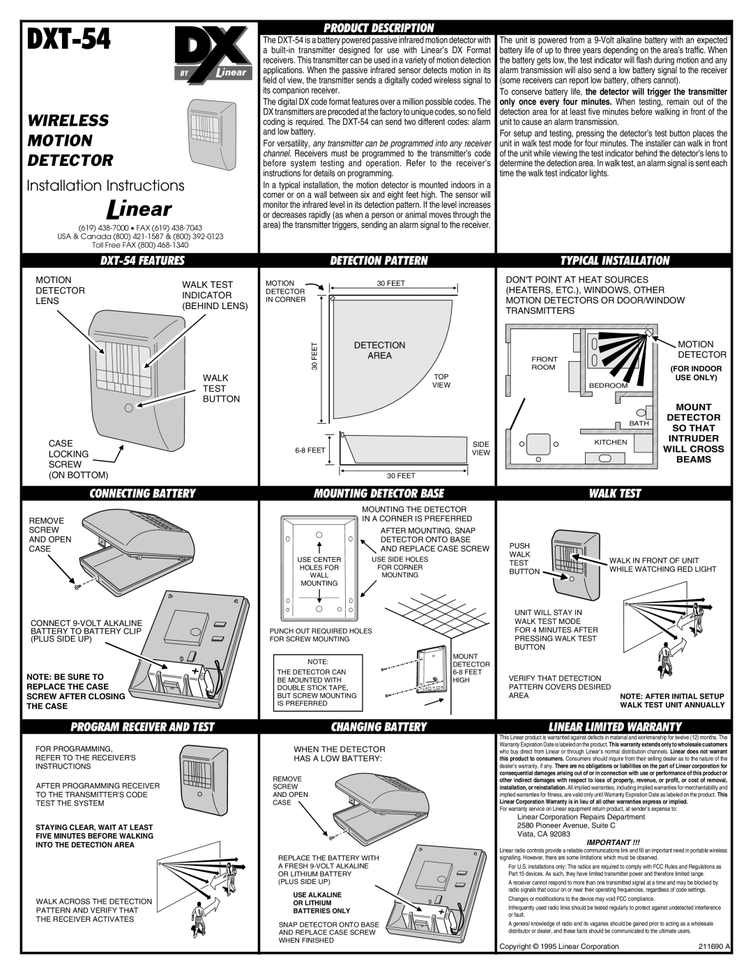 Linear installation instructions DXT-54 Features Product Description, Detection Pattern, Typical Installation 