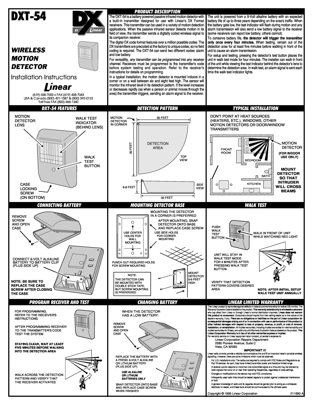 Linear DXT-54 installation instructions Wireless Motion Detector, Installation Instructions 