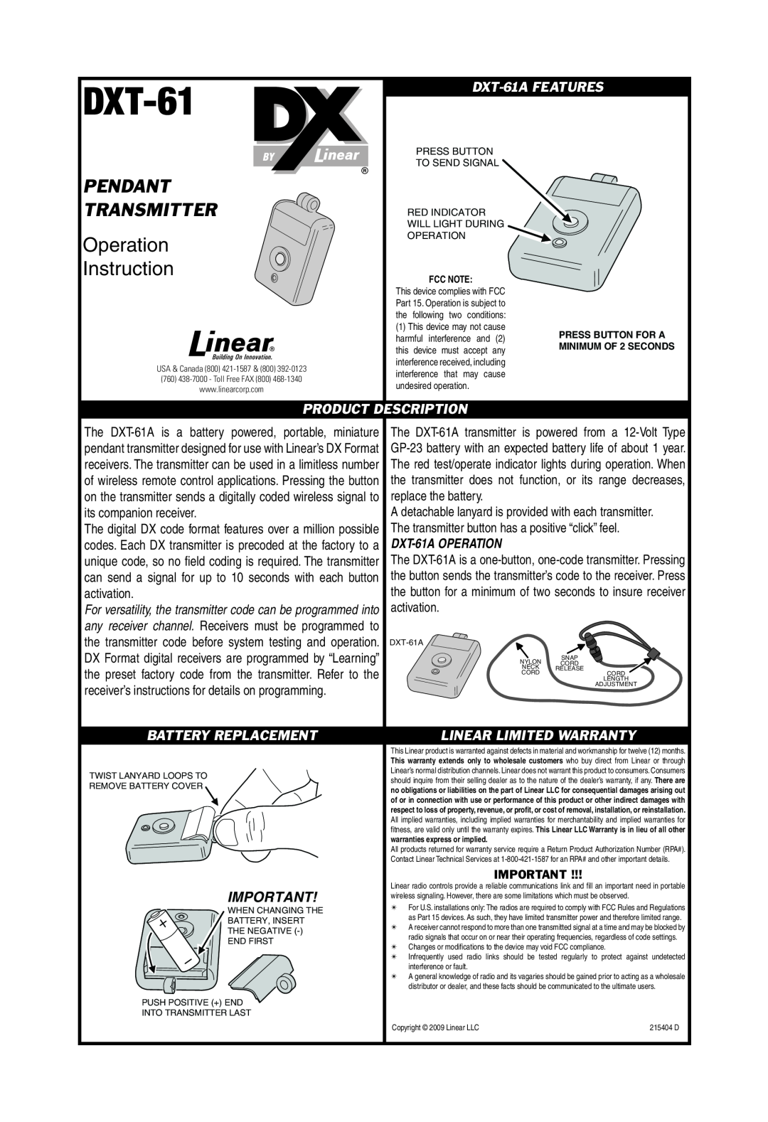 Linear warranty Pendant, Transmitter, Operation, Instruction, Product, Description, DXT-61AFEATURES, DXT-61AOPERATION 