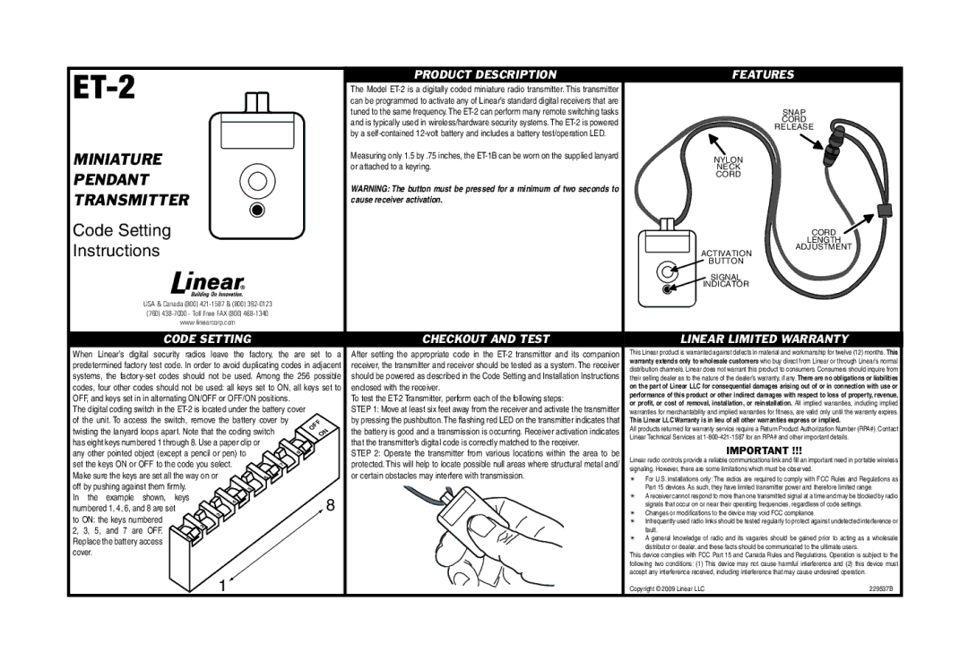 Linear ET-2 warranty Code Setting, Product Description Features, Checkout and Test Linear Limited Warranty 