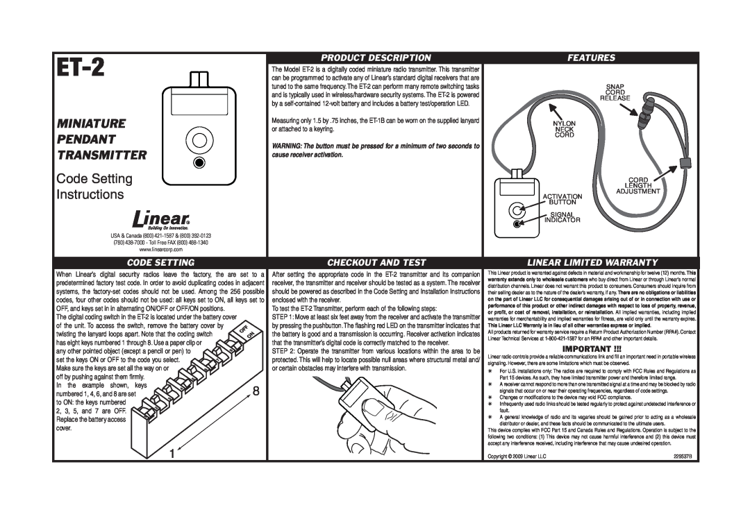Linear ET-2 warranty Miniature Pendant Transmitter, Code Setting Instructions, Product Description, Features, cover 