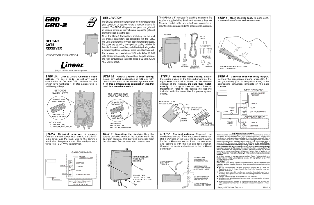 Linear manual Open receiver case. To open case, GRD & GRD-2 Channel 1 code GRD-2 Channel 2 code setting 