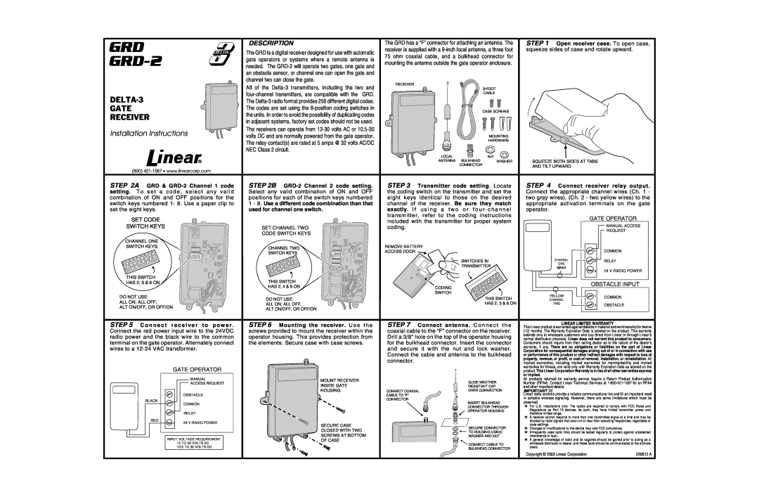 Linear manual GRD-2, Gate, Receiver, DELTA-3, Installation Instructions, Description, B, Step, NEC Class 2 circuit 