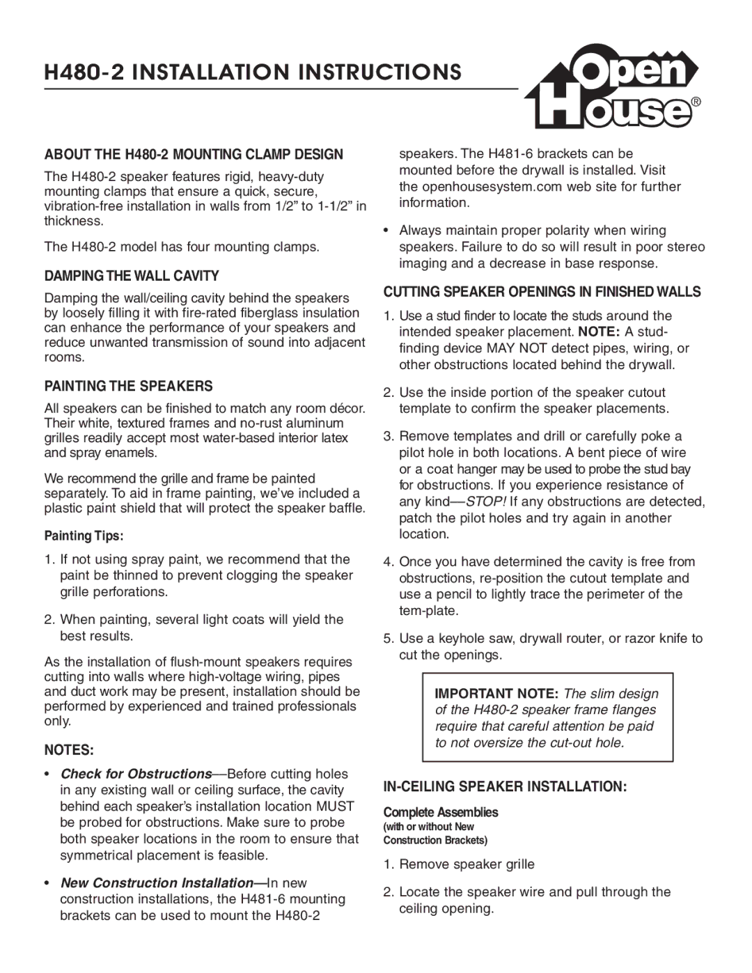 Linear H480-2 installation instructions Damping the Wall Cavity, Painting the Speakers, IN-CEILING Speaker Installation 