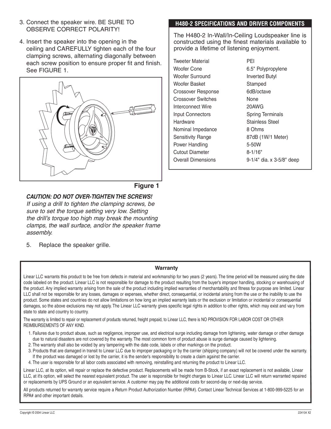 Linear H480-2 installation instructions Pei, 20AWG 