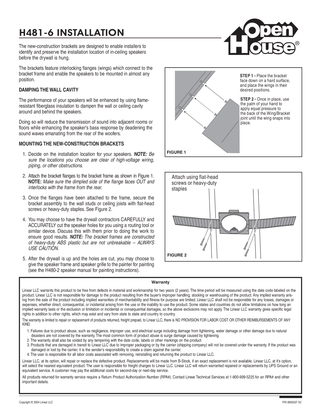 Linear warranty H481-6 Installation, Attach using flat-head screws or heavy-duty staples, Damping the Wall Cavity 