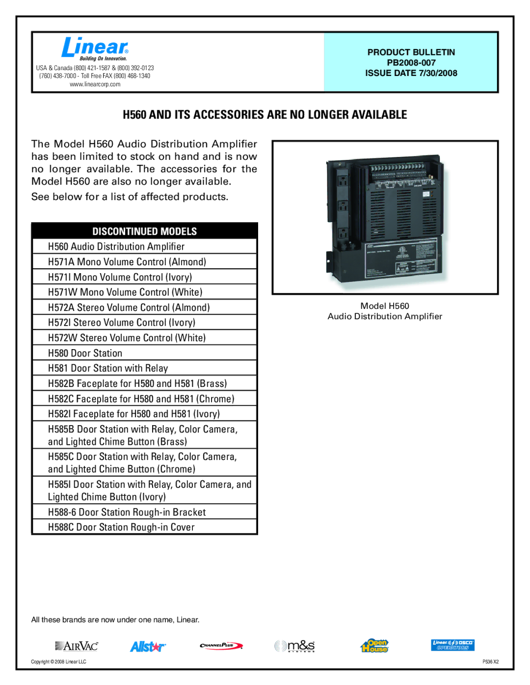 Linear manual H560 and ITS Accessories are no Longer Available, DIS Models 