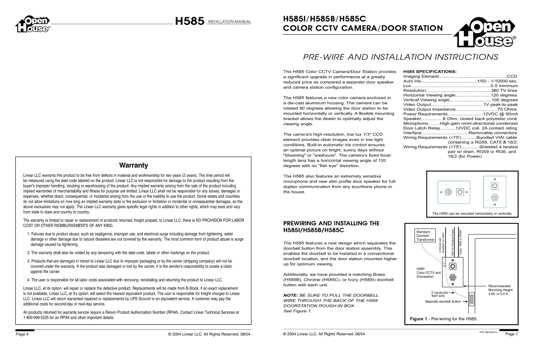 Linear warranty PRE-WIRE and Installation Instructions, Prewiring and Installing the H585I/H585B/H585C 