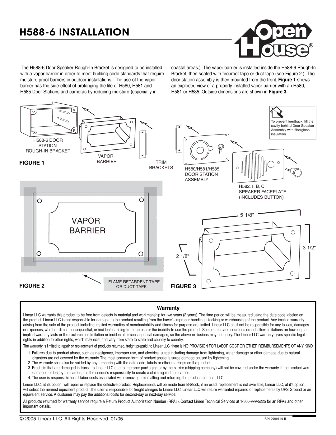 Linear warranty H588-6 Installation, Warranty, Station ROUGH-IN Bracket Vapor Barrier, Trim Brackets 