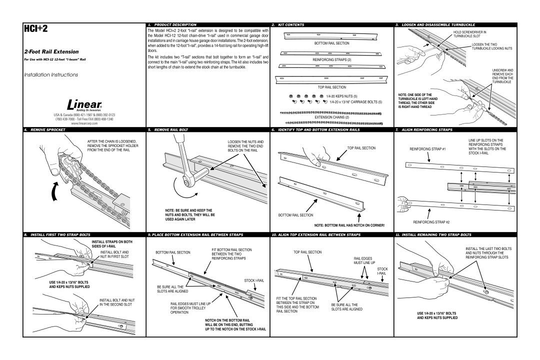 Linear HCI+2 installation instructions Nuts and BOLTS, They will be, Used Again Later, Keps Nuts Supplied 