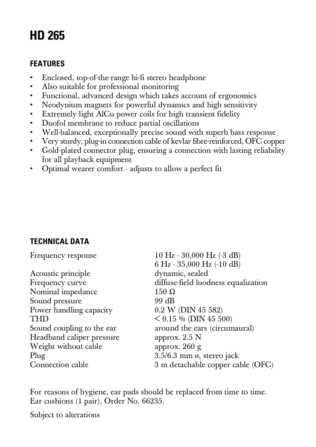 Linear HD 265 manual Features, Technical Data 