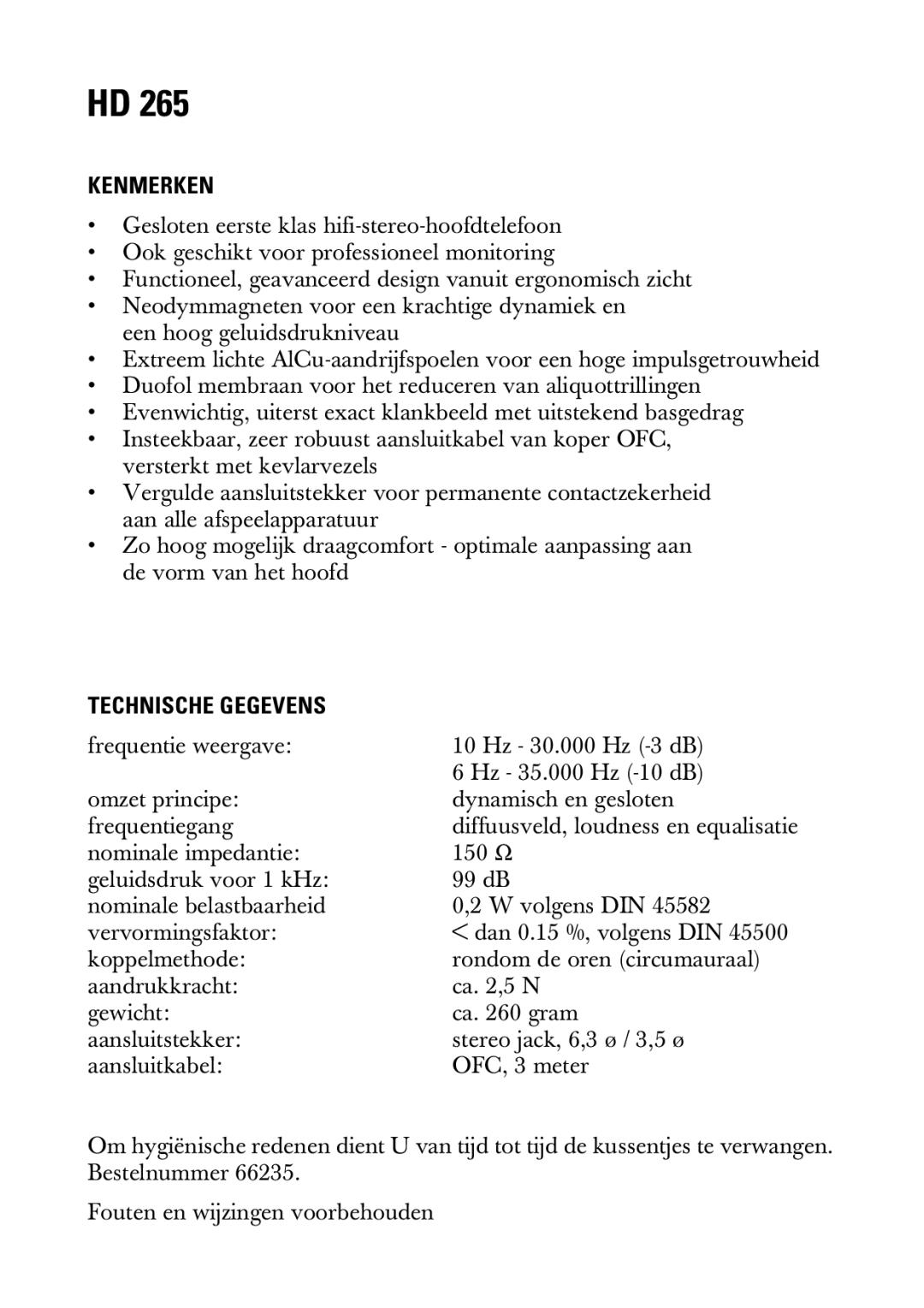 Linear HD 265 manual Kenmerken, Technische Gegevens 