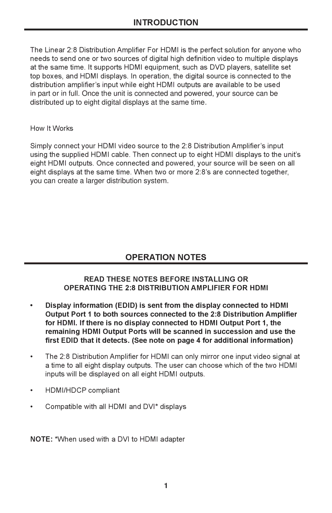 Linear HDMI-DA-2X8M user manual Introduction, Operating the 28 Distribution Amplifier For Hdmi 