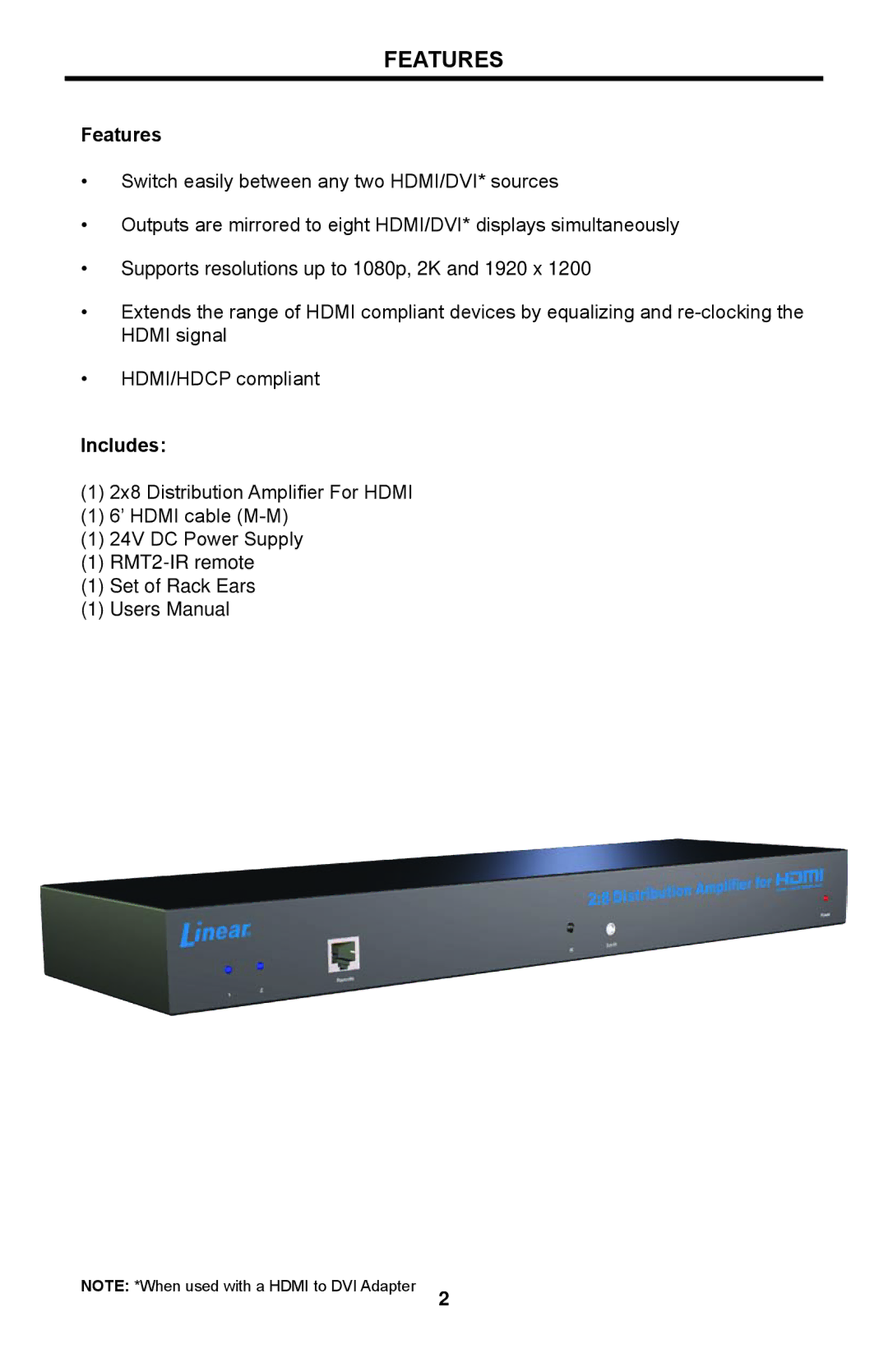 Linear HDMI-DA-2X8M user manual Features, Includes 