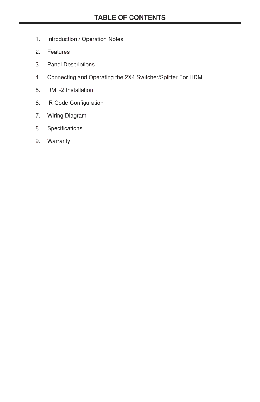 Linear HDMI-SW-2X4M user manual Table of Contents 