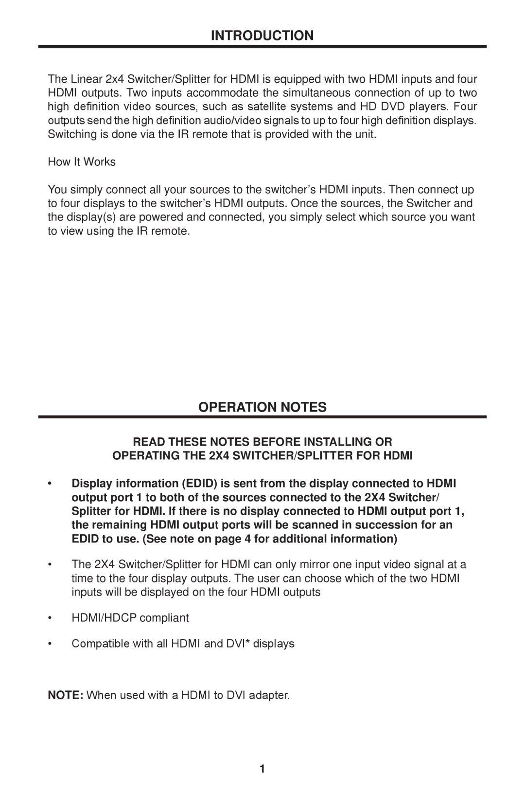 Linear HDMI-SW-2X4M user manual Introduction, Operation Notes 