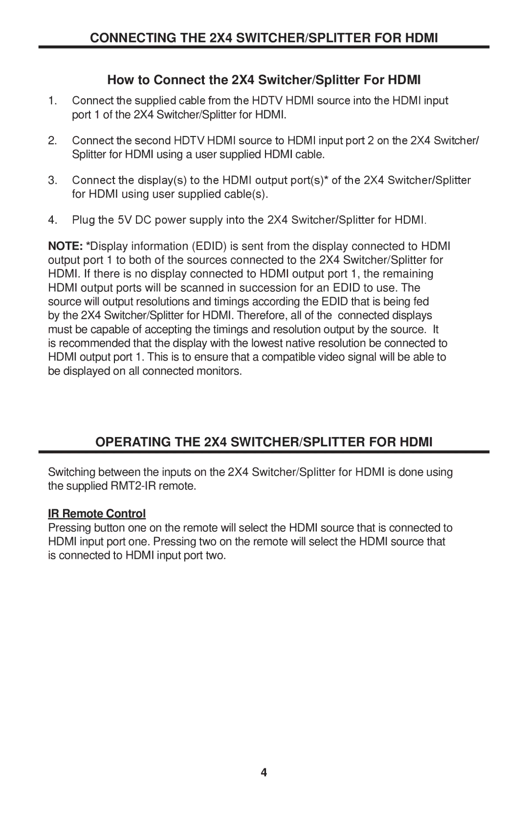 Linear HDMI-SW-2X4M user manual Connecting the 2X4 SWITCHER/SPLITTER for Hdmi, Operating the 2X4 SWITCHER/SPLITTER for Hdmi 