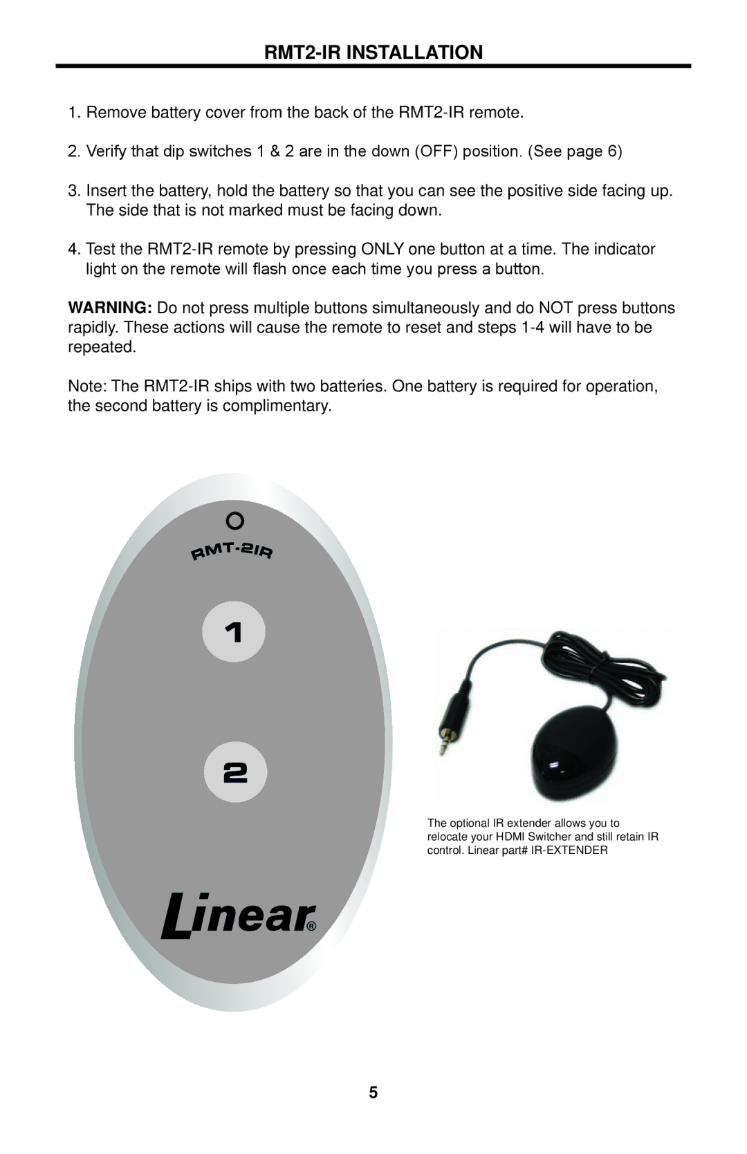 Linear HDMI-SW-2X4M user manual RMT2-IR Installation 