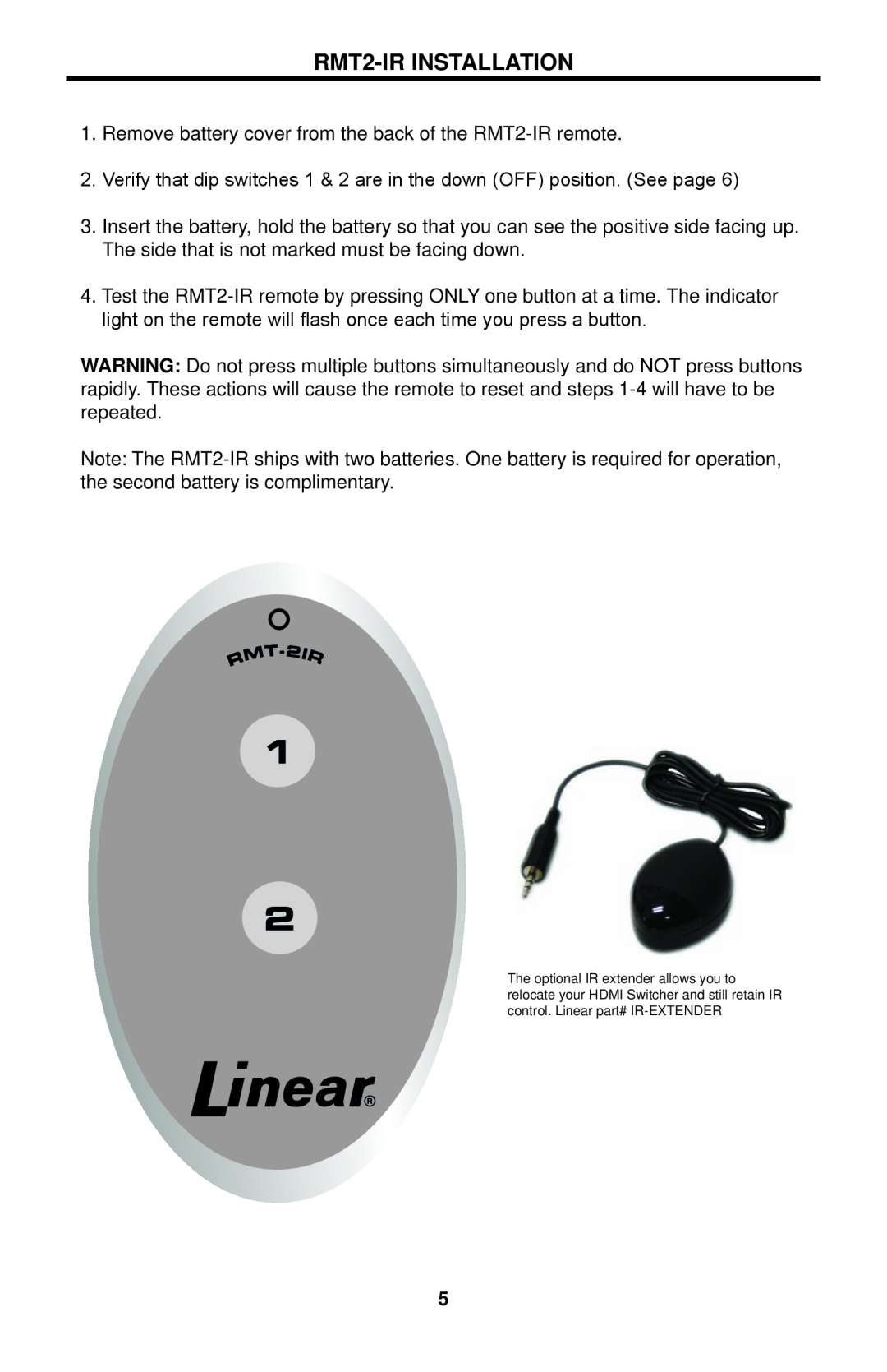 Linear HDMI-SW-2X4M user manual RMT2-IR INSTALLATION 