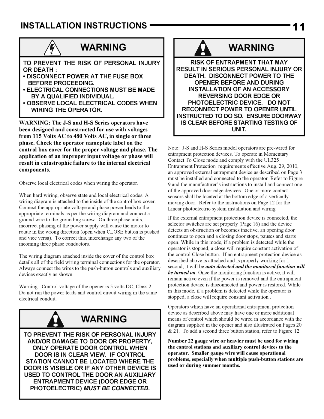 Linear H-S, J-S owner manual Installation Instructions 