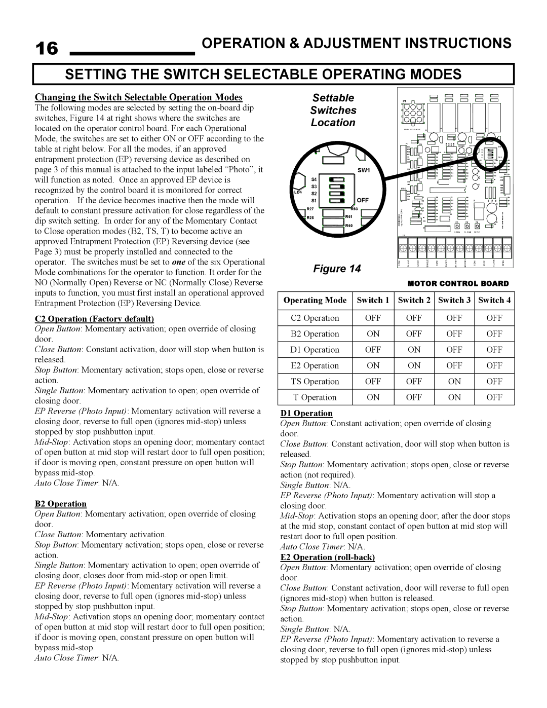 Linear J-S, H-S owner manual Setting the Switch Selectable Operating Modes, Changing the Switch Selectable Operation Modes 