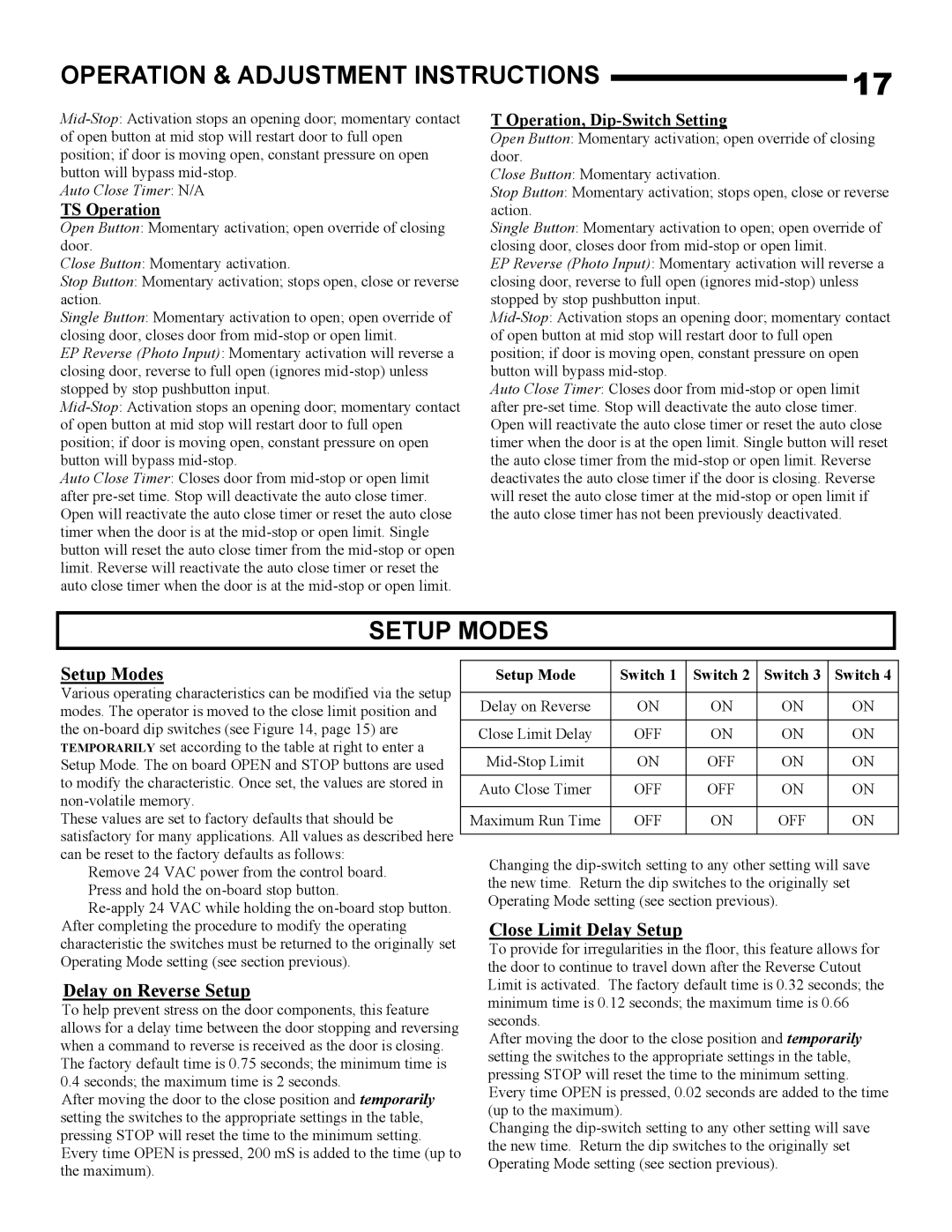 Linear H-S, J-S owner manual Setup Modes, TS Operation 