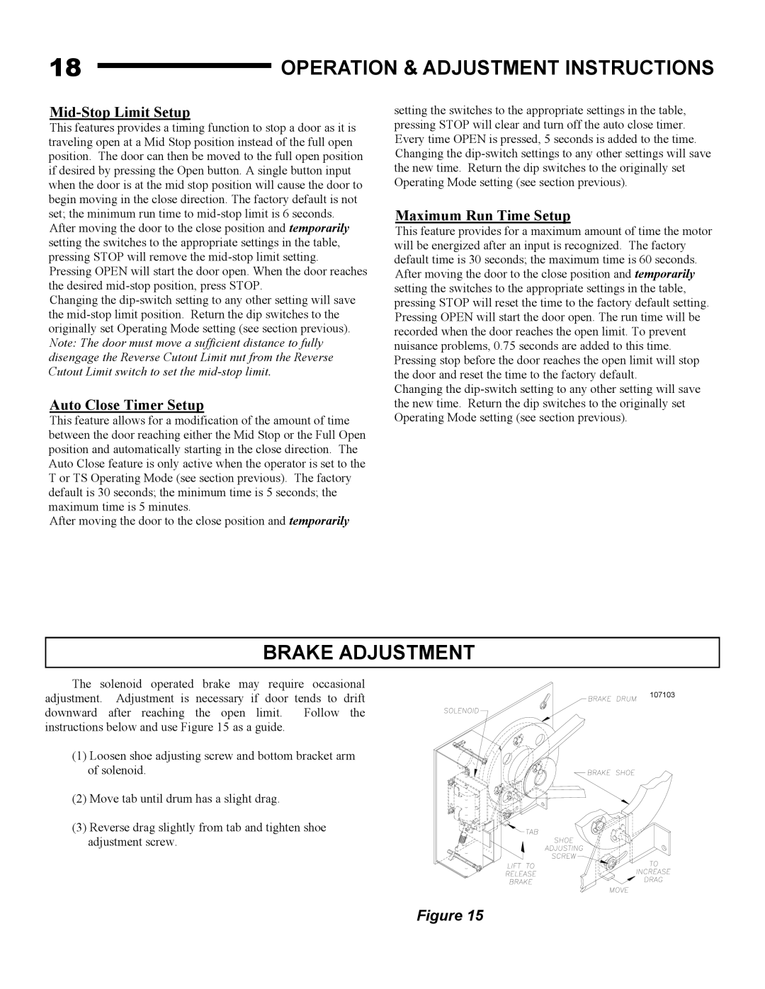 Linear J-S, H-S owner manual Brake Adjustment, Mid-Stop Limit Setup 