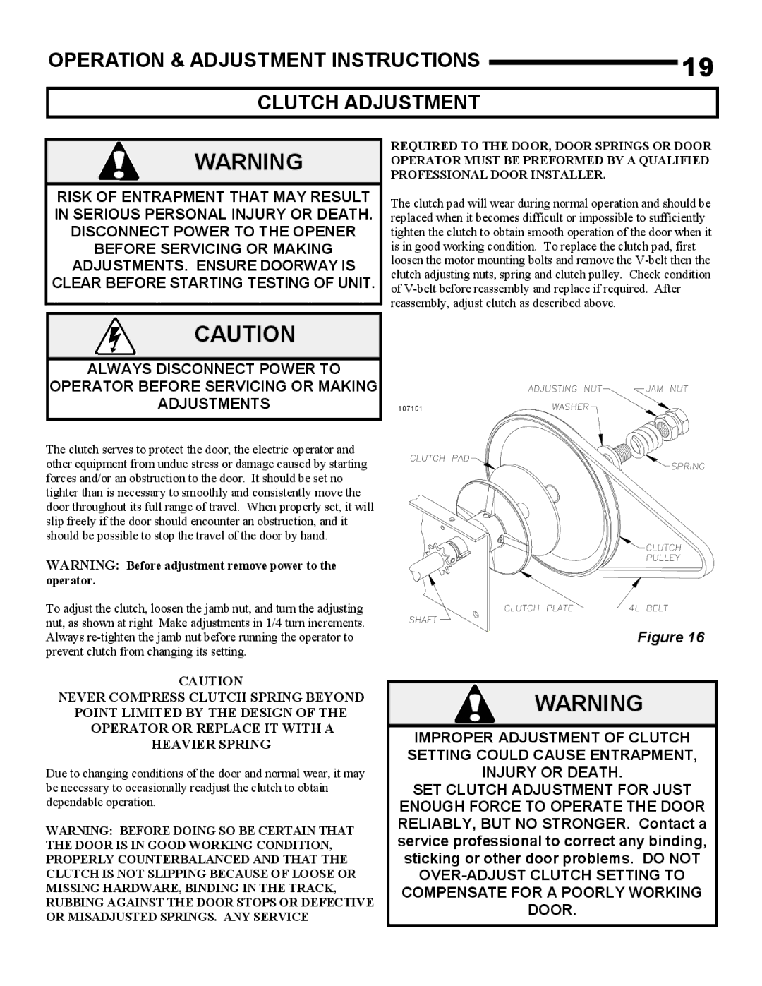 Linear H-S, J-S owner manual Operation & Adjustment Instructions Clutch Adjustment, Adjustments 