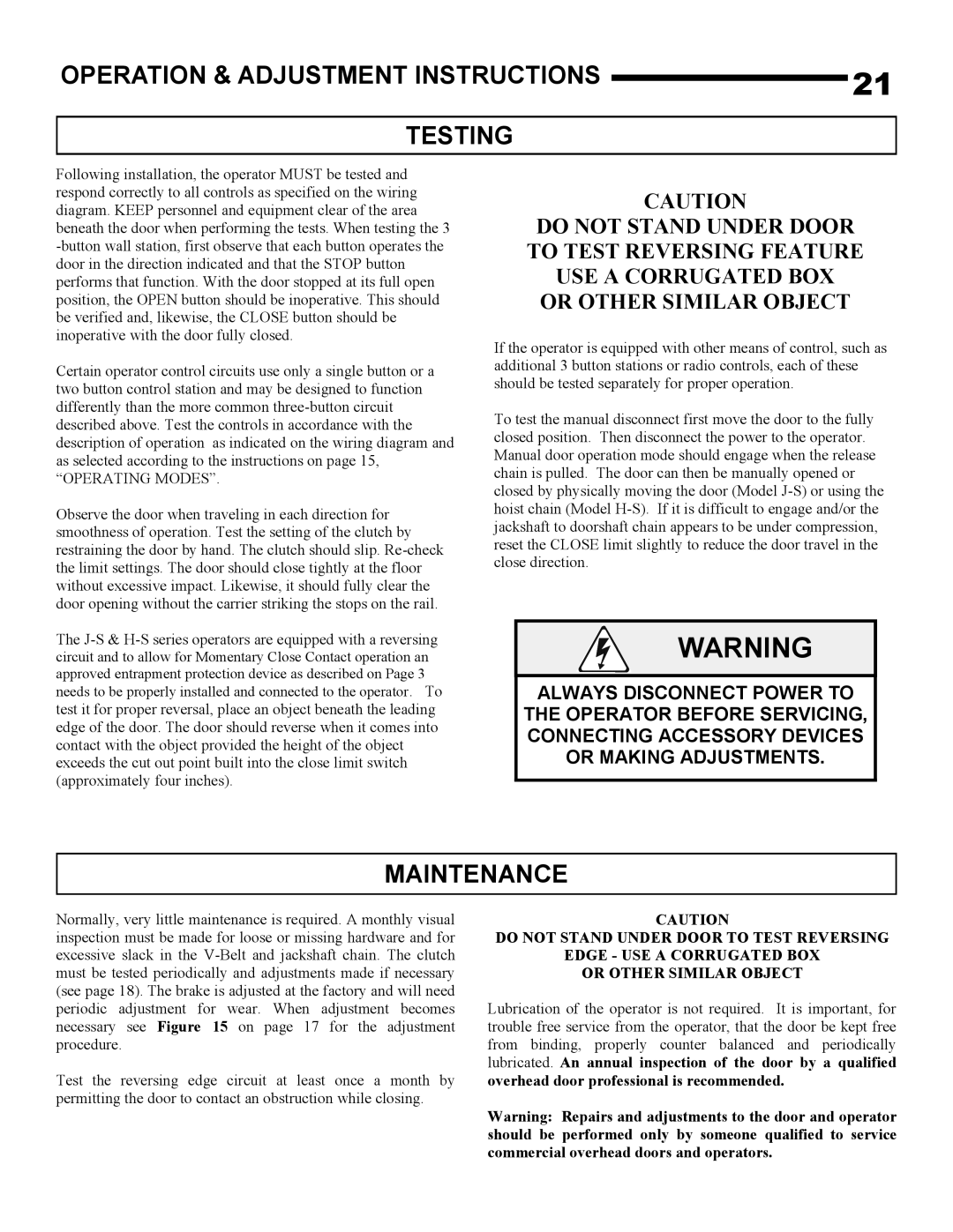 Linear H-S, J-S owner manual Operation & Adjustment Instructions Testing, Maintenance 