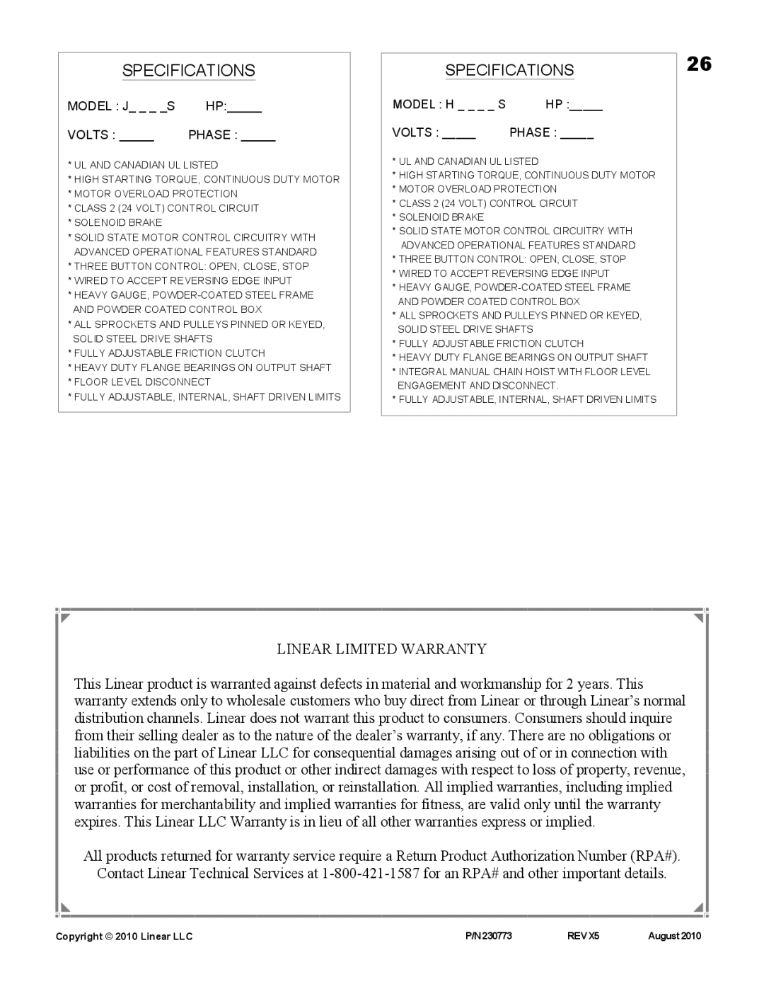 Linear J-S, H-S owner manual Specifications 