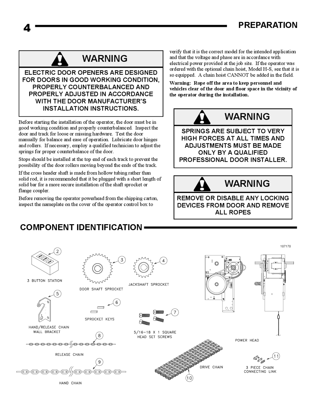 Linear J-S, H-S owner manual Preparation, Component Identification 