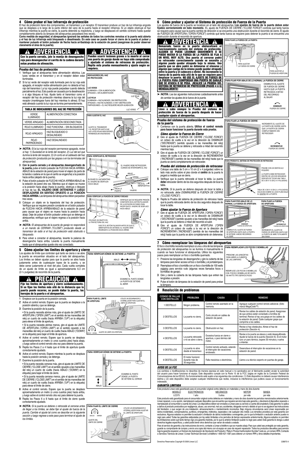 Linear LC075 manual Prueba del haz de protección, Prueba del sistema de protección de fuerza de la puerta 