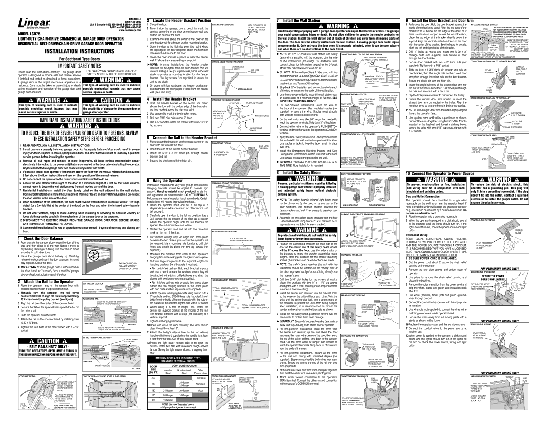 Linear LCO75 installation instructions Serious injuries or death, Cause serious injuries or death Garage door operator 