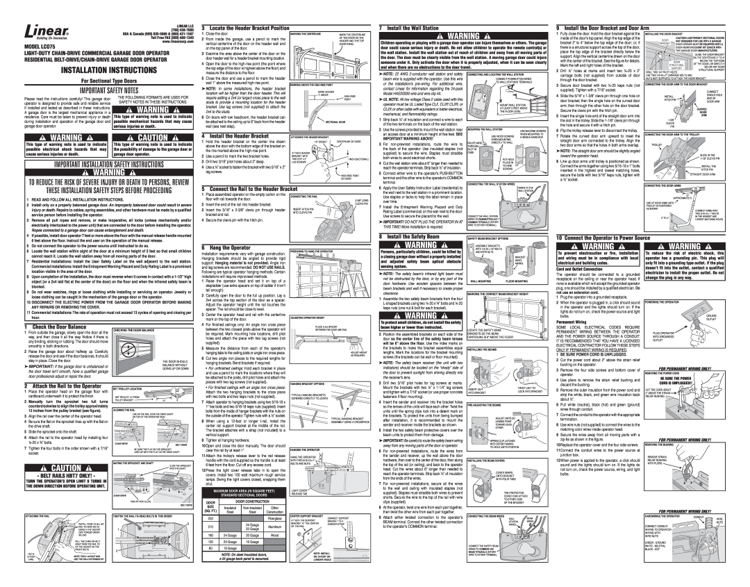 Linear LCO75 installation instructions Important Installation Safety Instructions, Installation Instructions 