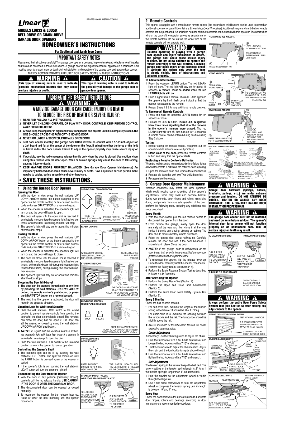 Linear LD 033 manual Remote controls will not operate well, Serious injuries or death Garage door opener, Testing 