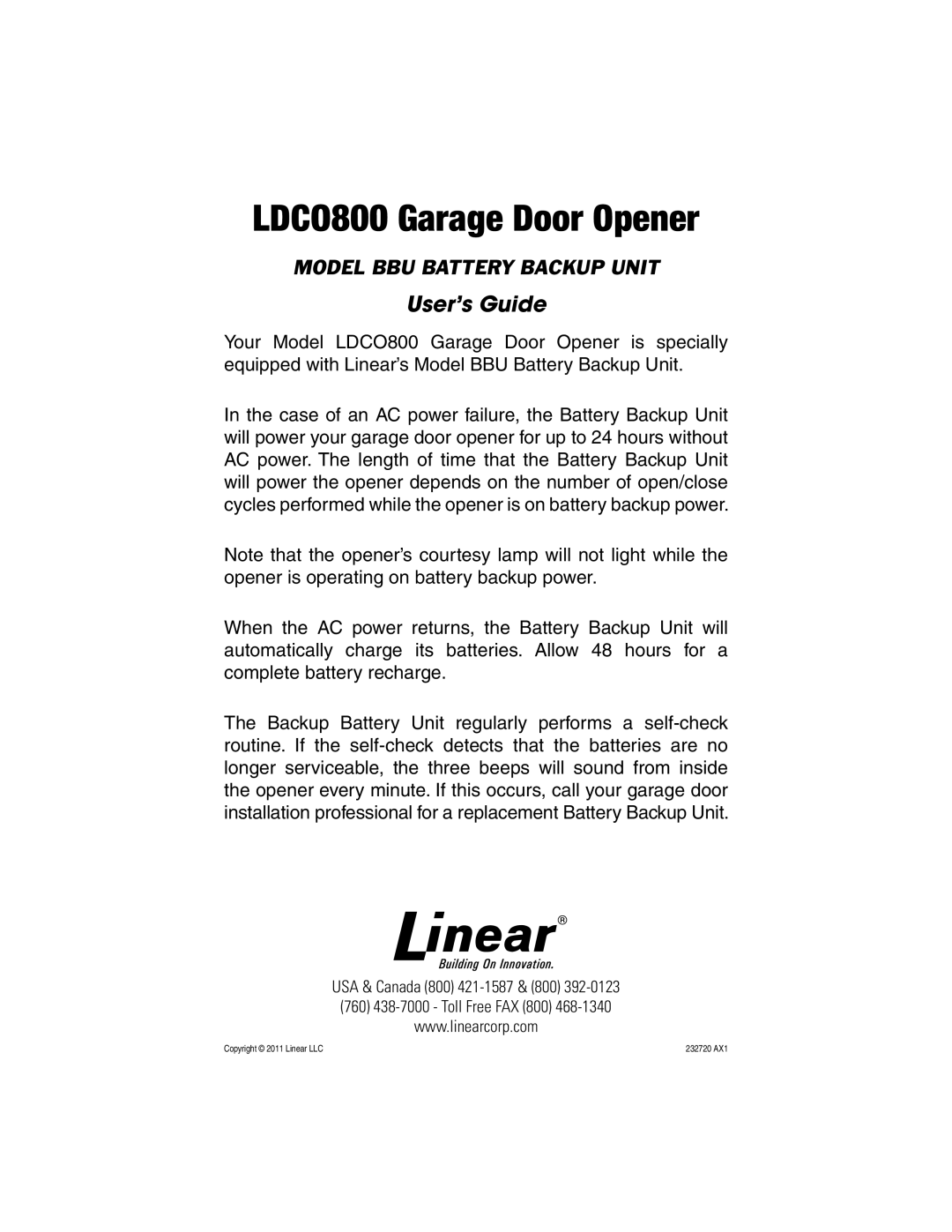 Linear LDC0800 manual LDCO800 Garage Door Opener, User’s Guide 