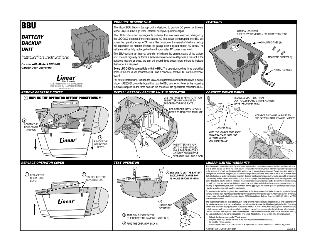 Linear LDCO800 installation instructions Battery, Backup, Unit 