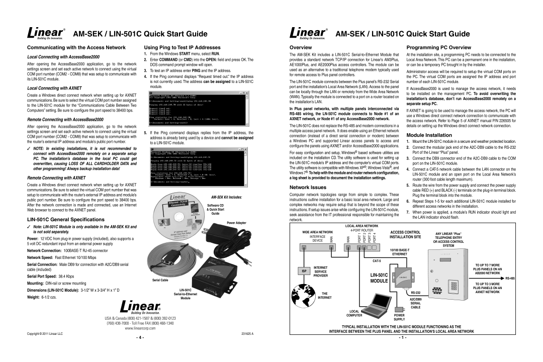 Linear LIN-501C specifications Communicating with the Access Network, Network Issues, Programming PC Overview 