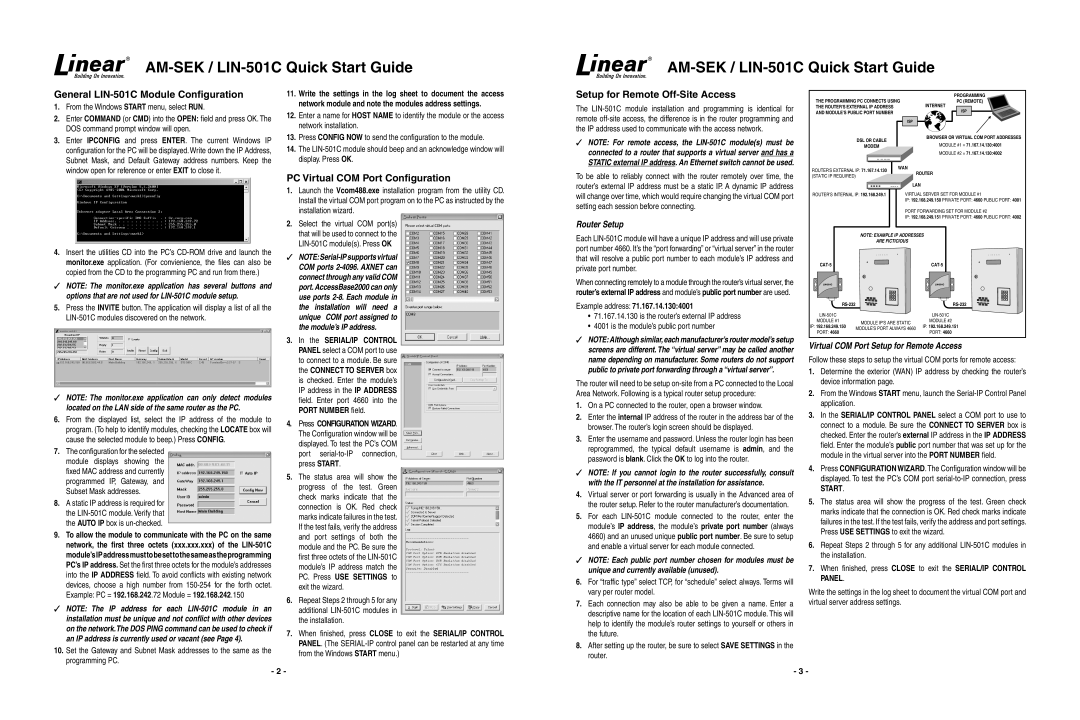 Linear General LIN-501C Module Configuration, PC Virtual COM Port Configuration, Setup for Remote Off-Site Access 