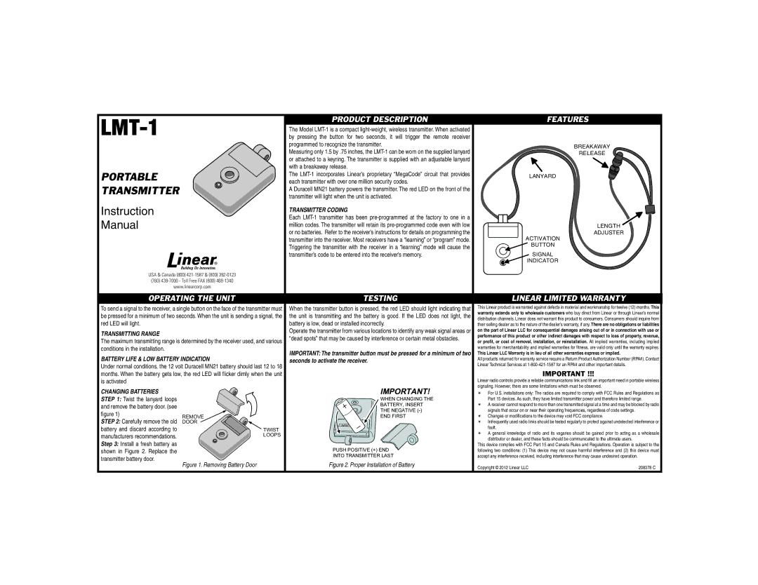 Linear LMT-1 warranty Transmitter Coding, Transmitting Range, Battery Life & LOW Battery Indication, Changing Batteries 